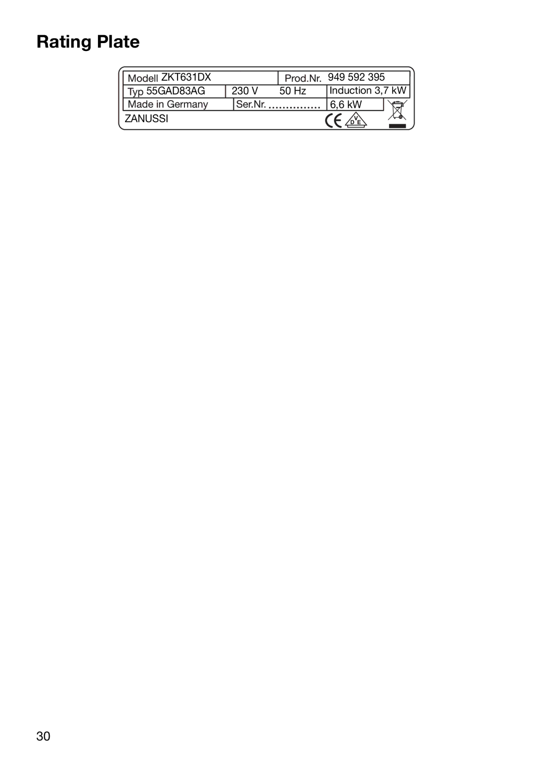 Zanussi ZKT631DX manual Rating Plate 