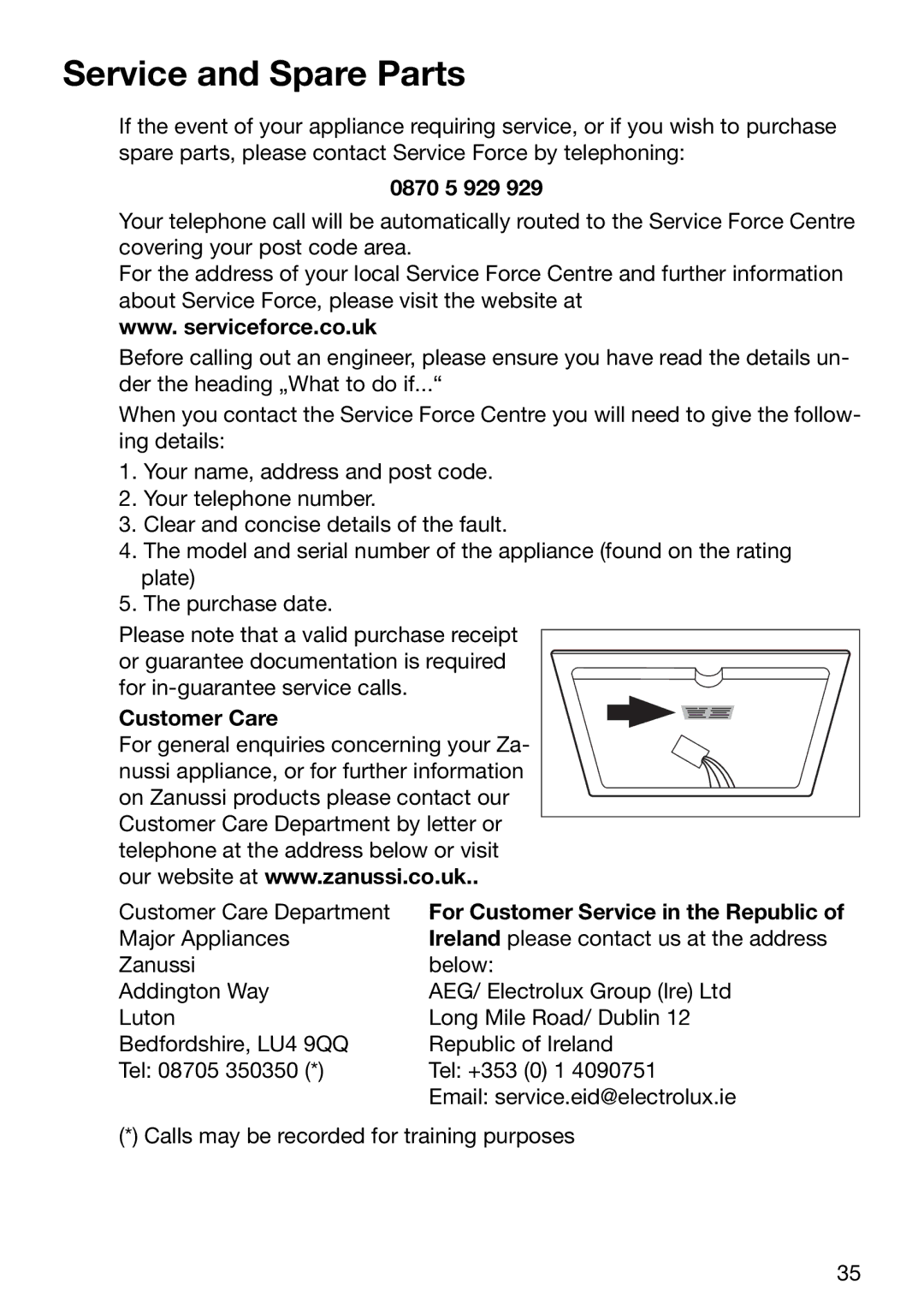 Zanussi ZKT631DX manual Service and Spare Parts, 0870 5 929 