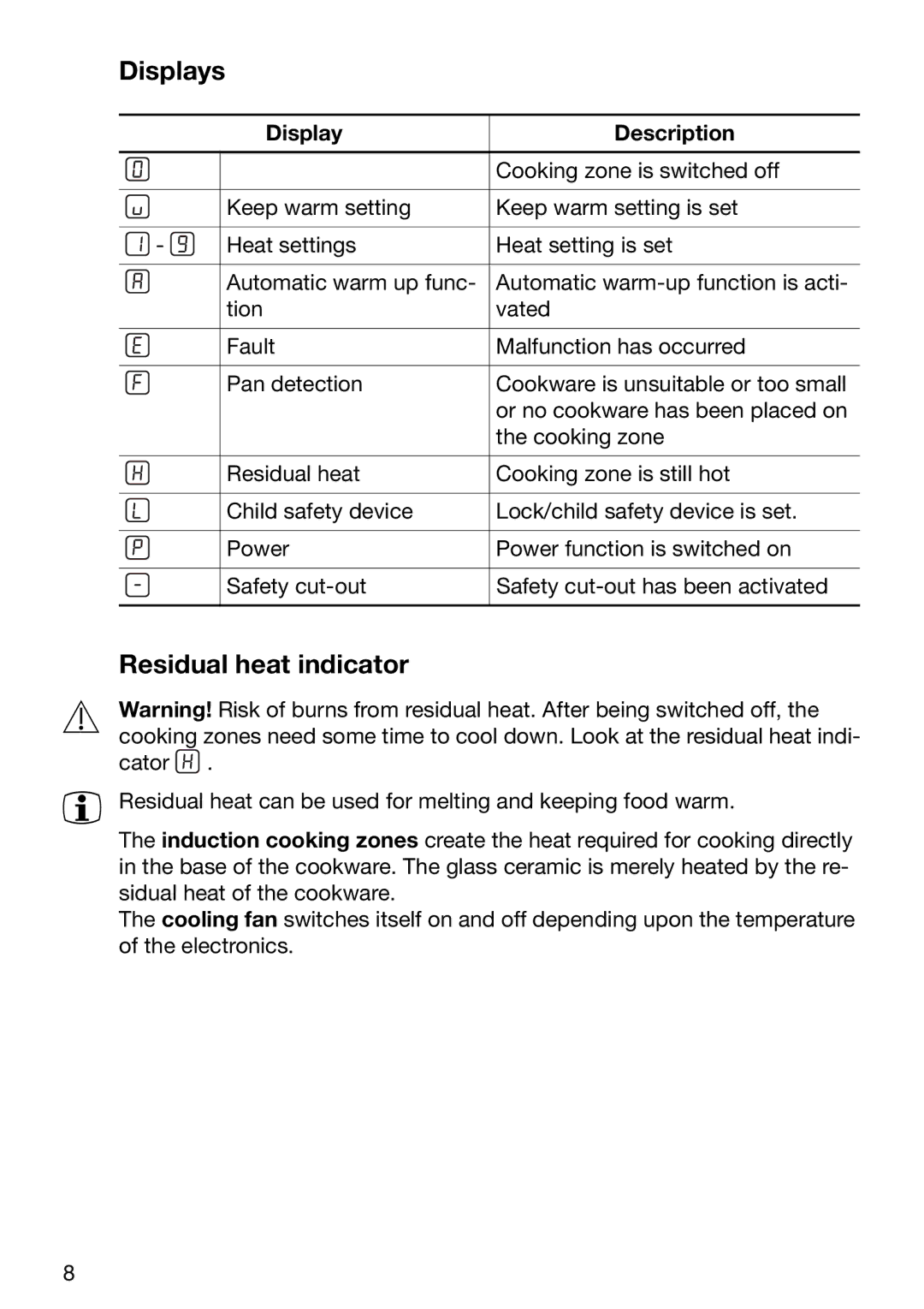 Zanussi ZKT631DX manual Displays, Residual heat indicator, Display Description 