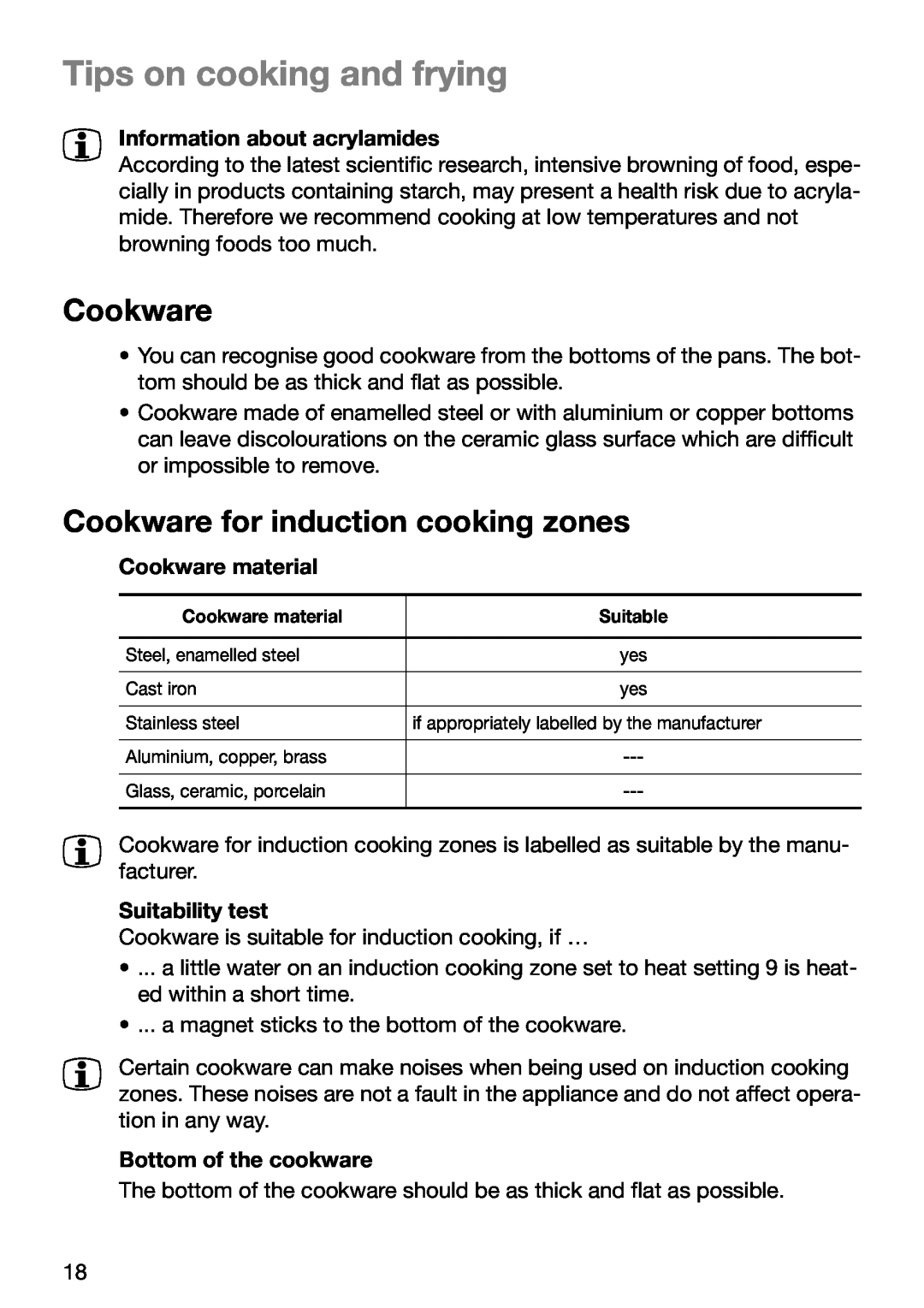 Zanussi ZKT631DX manual Tips on cooking and frying, Cookware for induction cooking zones 