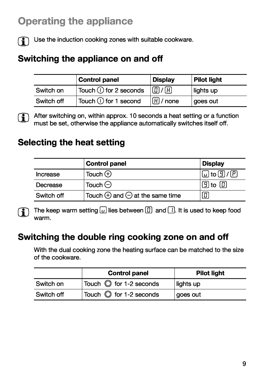 Zanussi ZKT631DX manual Operating the appliance, Switching the appliance on and off, Selecting the heat setting 