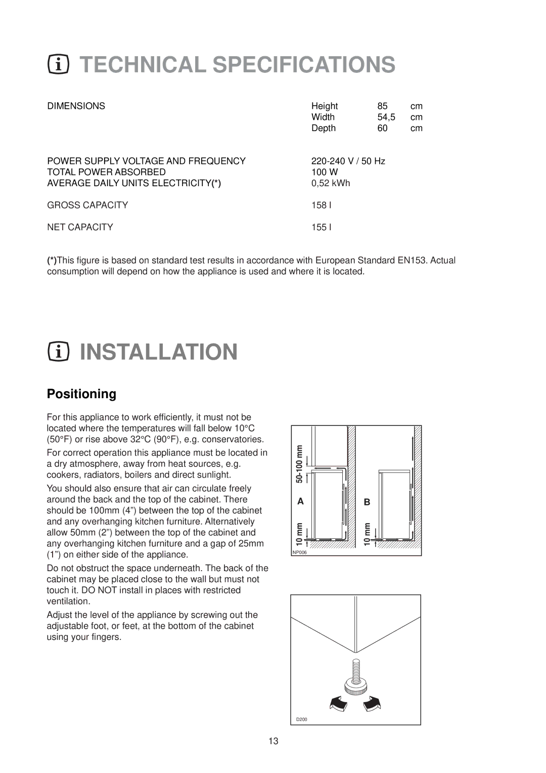 Zanussi ZL 56 SA, ZL 56 W manual Technical Specifications, Installation, Positioning 