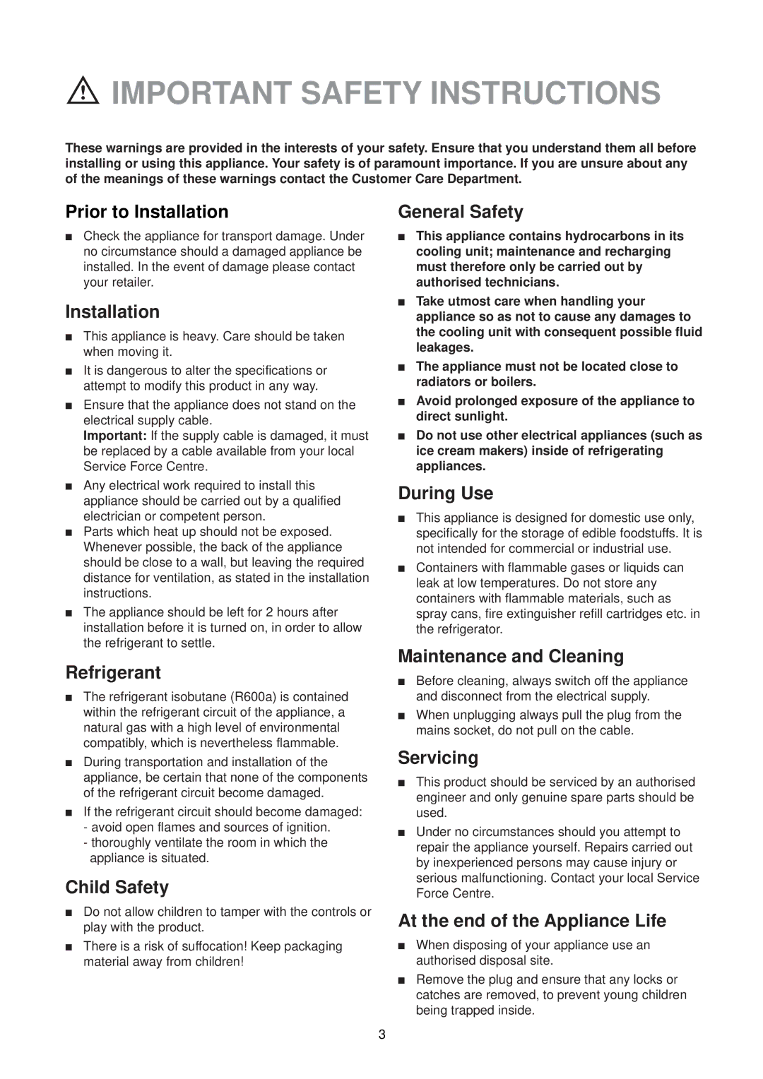 Zanussi ZL 56 SA, ZL 56 W manual Important Safety Instructions 