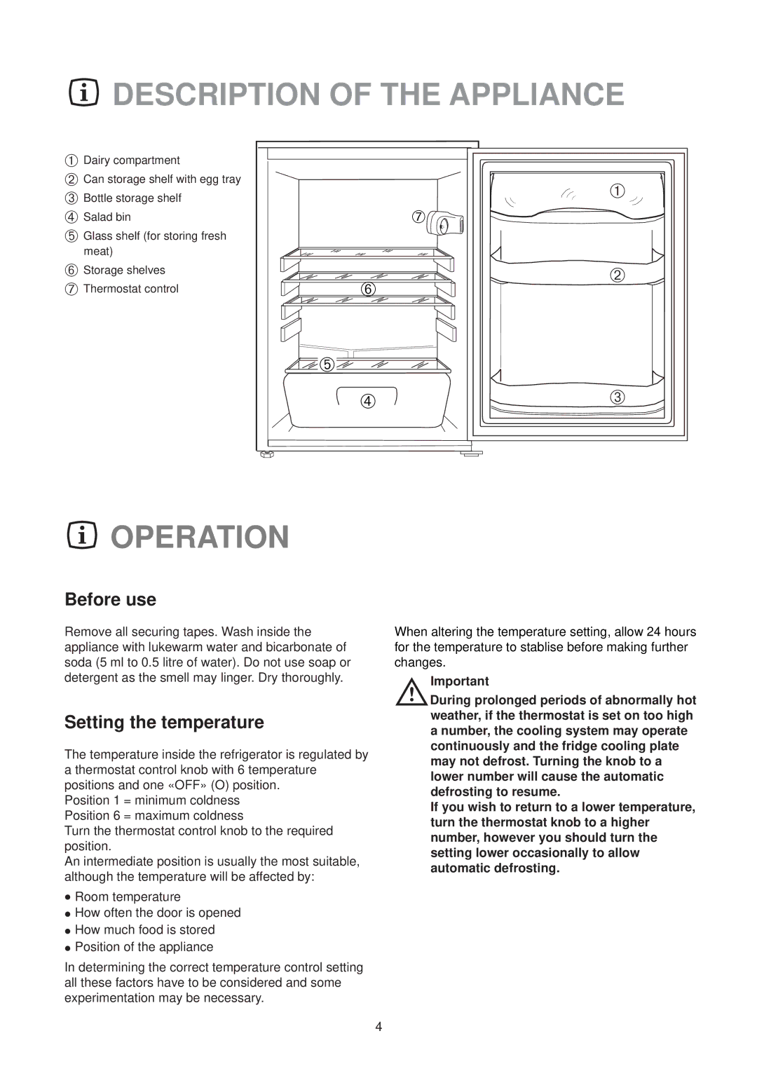 Zanussi ZL 56 W, ZL 56 SA manual Description of the Appliance, Operation, Before use, Setting the temperature 