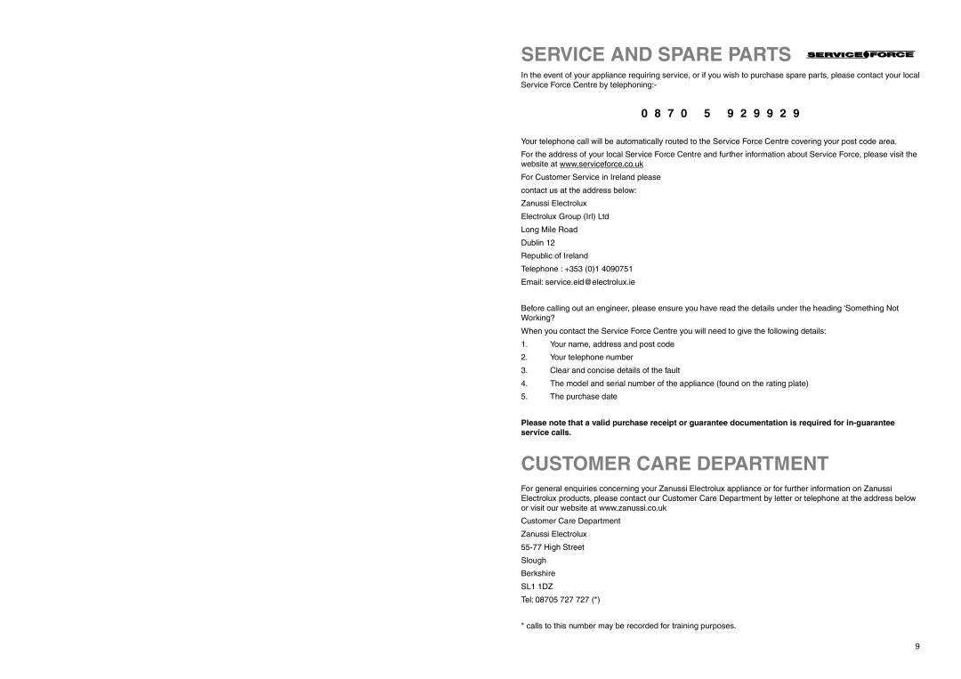 Zanussi ZL 58 W manual Service And Spare Parts, Customer Care Department, 9 2 9 