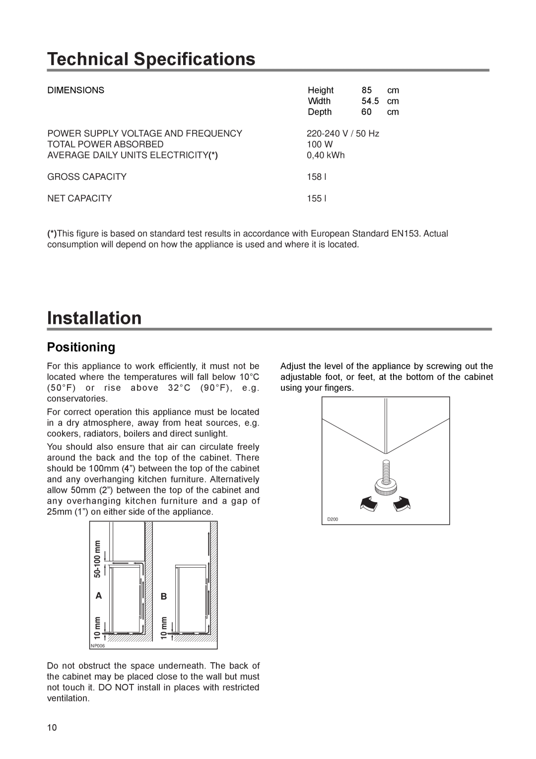 Zanussi ZL 66 SI manual Technical Specifications, Installation, Positioning 
