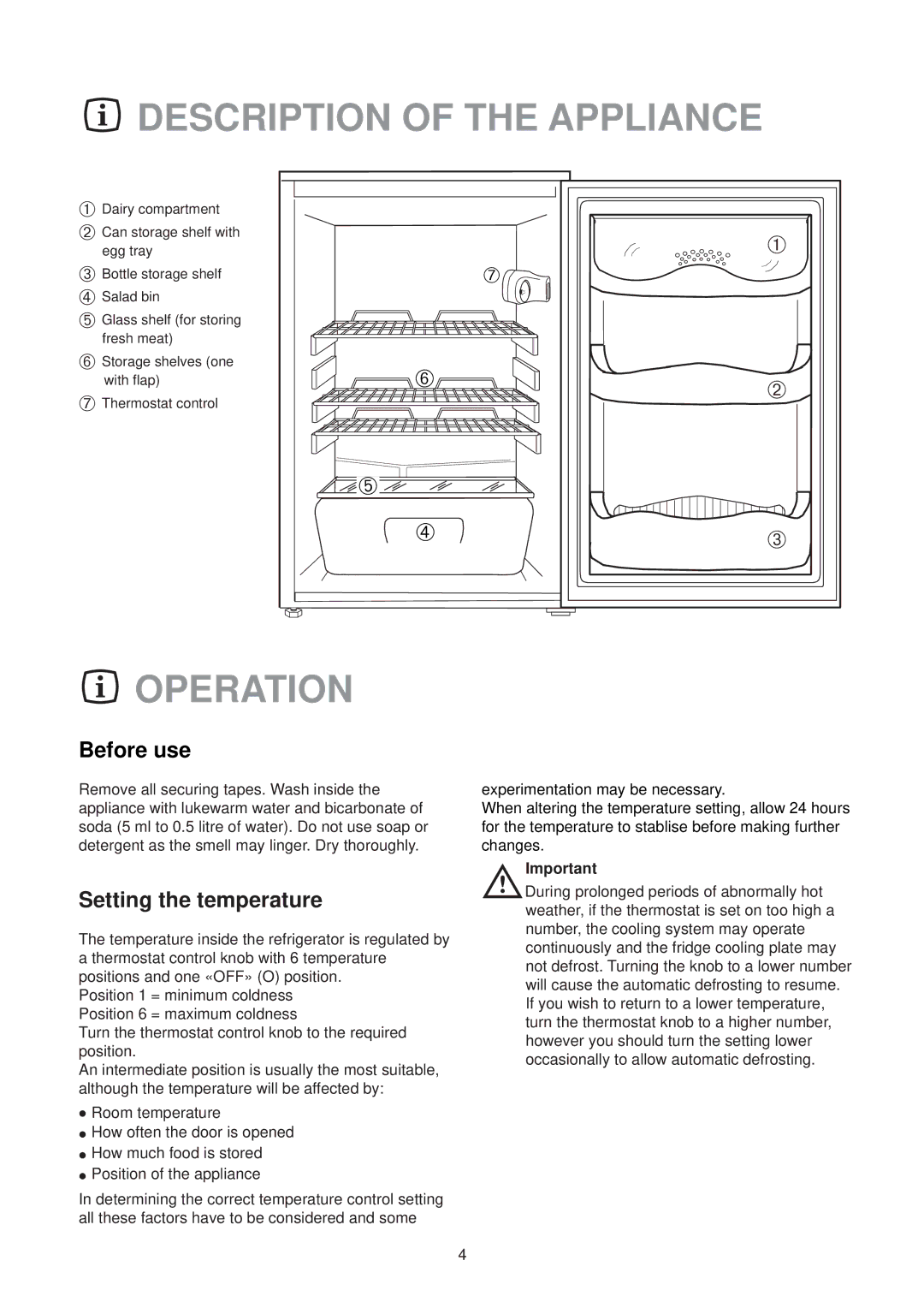 Zanussi ZL 75 W manual Description of the Appliance, Operation, Before use, Setting the temperature 