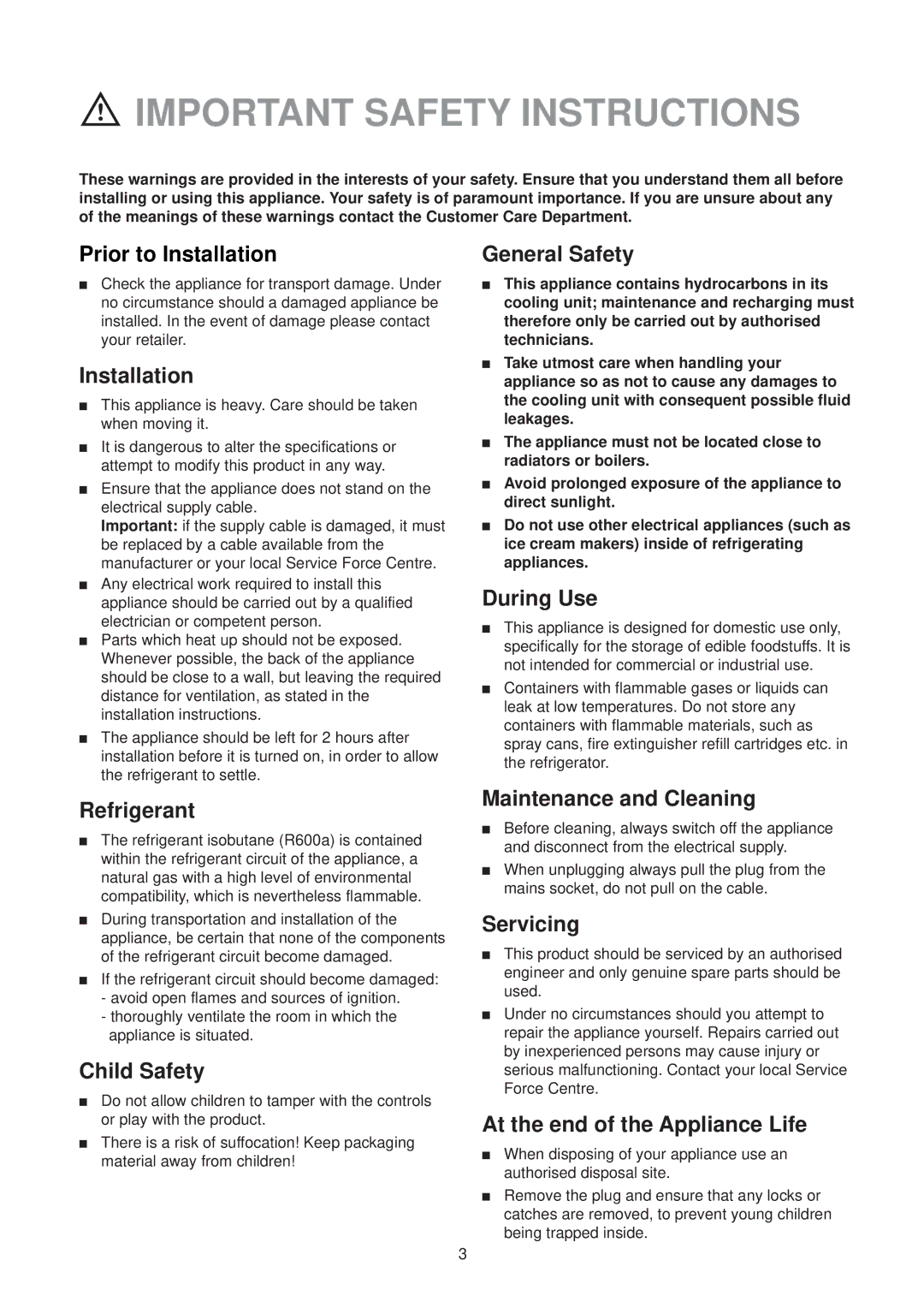 Zanussi ZL 95 W manual Important Safety Instructions 