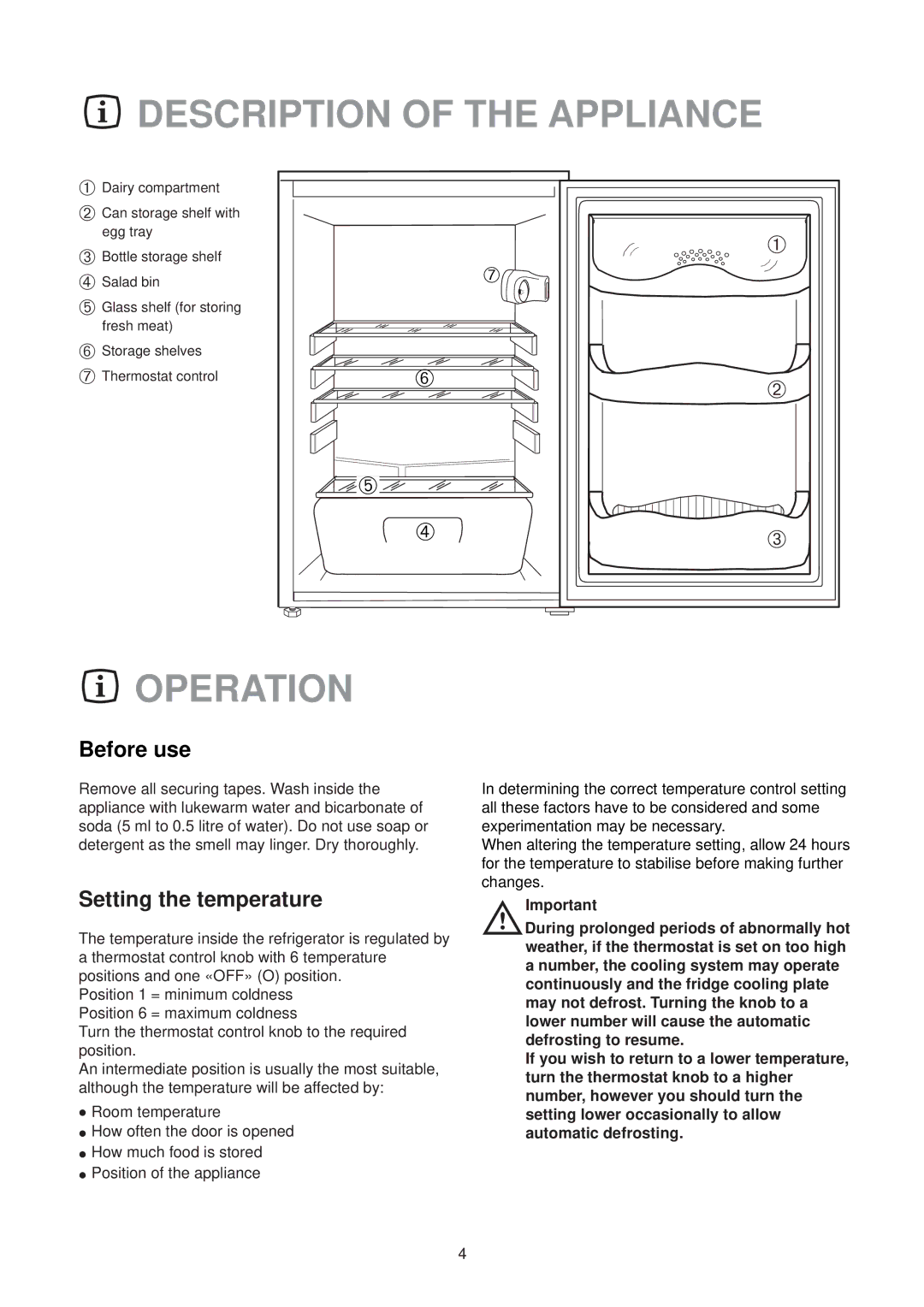 Zanussi ZL 95 W manual Description of the Appliance, Operation, Before use, Setting the temperature 