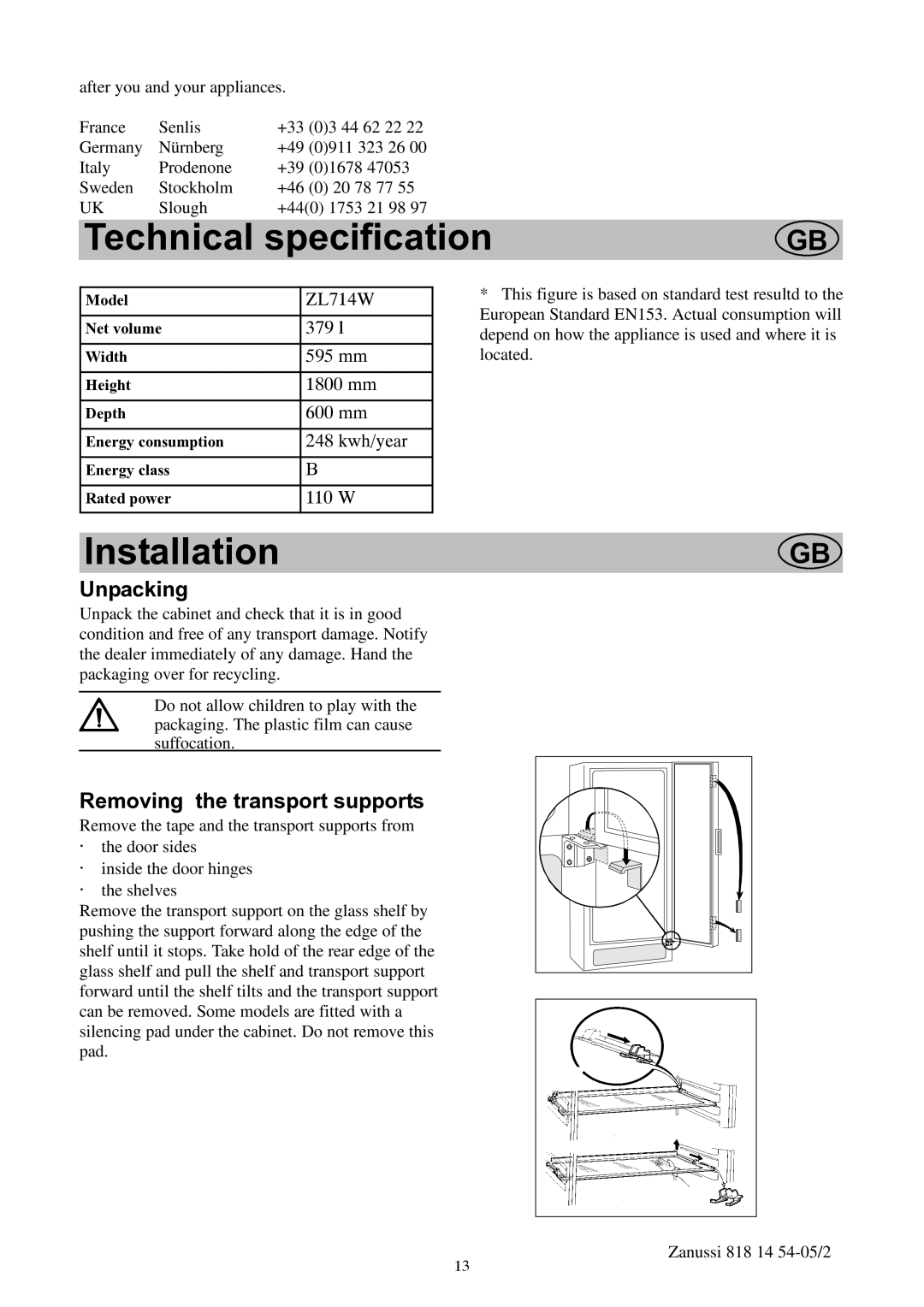 Zanussi ZL714W manual Unpacking, Removing the transport supports 