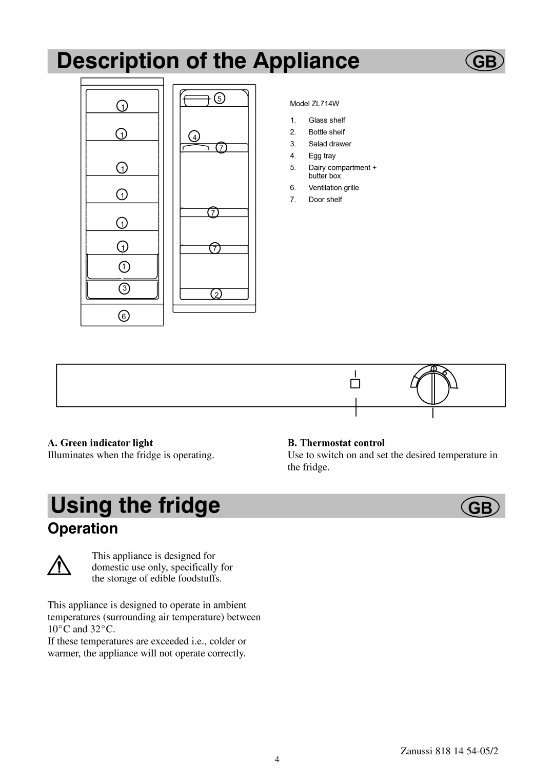 Zanussi ZL714W manual Description of the Appliance, Using the fridge 