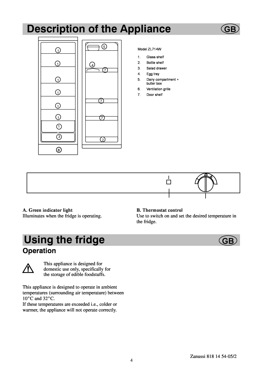 Zanussi ZL714W Description of the Appliance, Using the fridge, Operation, A. Green indicator light, B. Thermostat control 