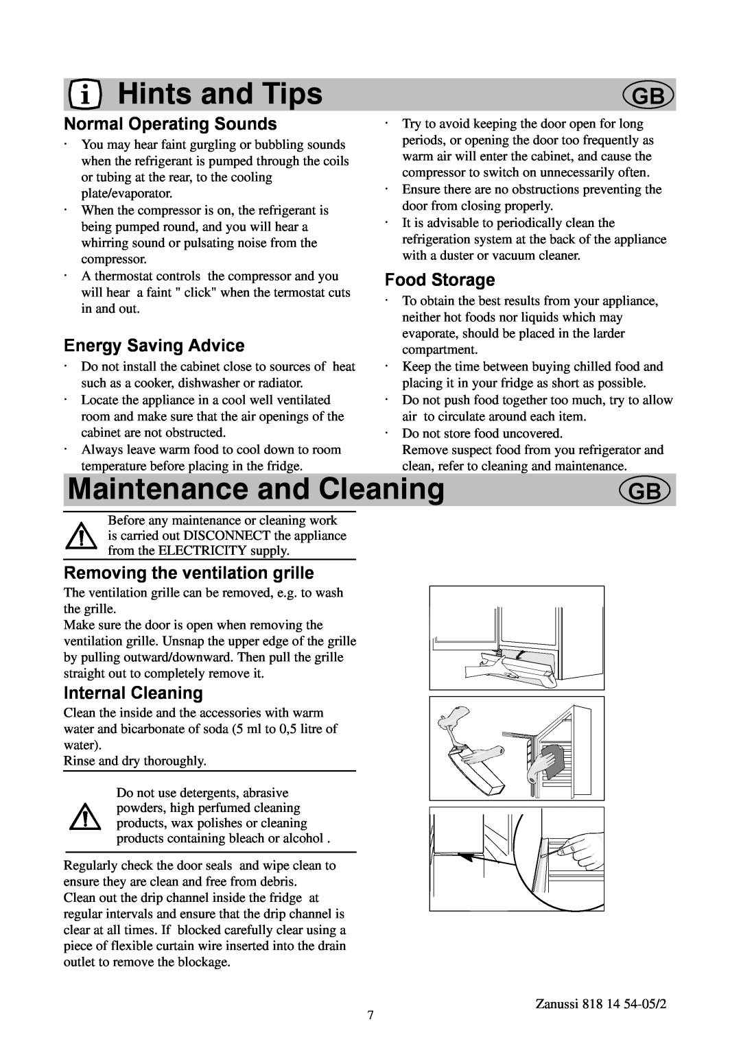 Zanussi ZL714W manual Hints and Tips, Maintenance and Cleaning, Normal Operating Sounds, Food Storage, Energy Saving Advice 