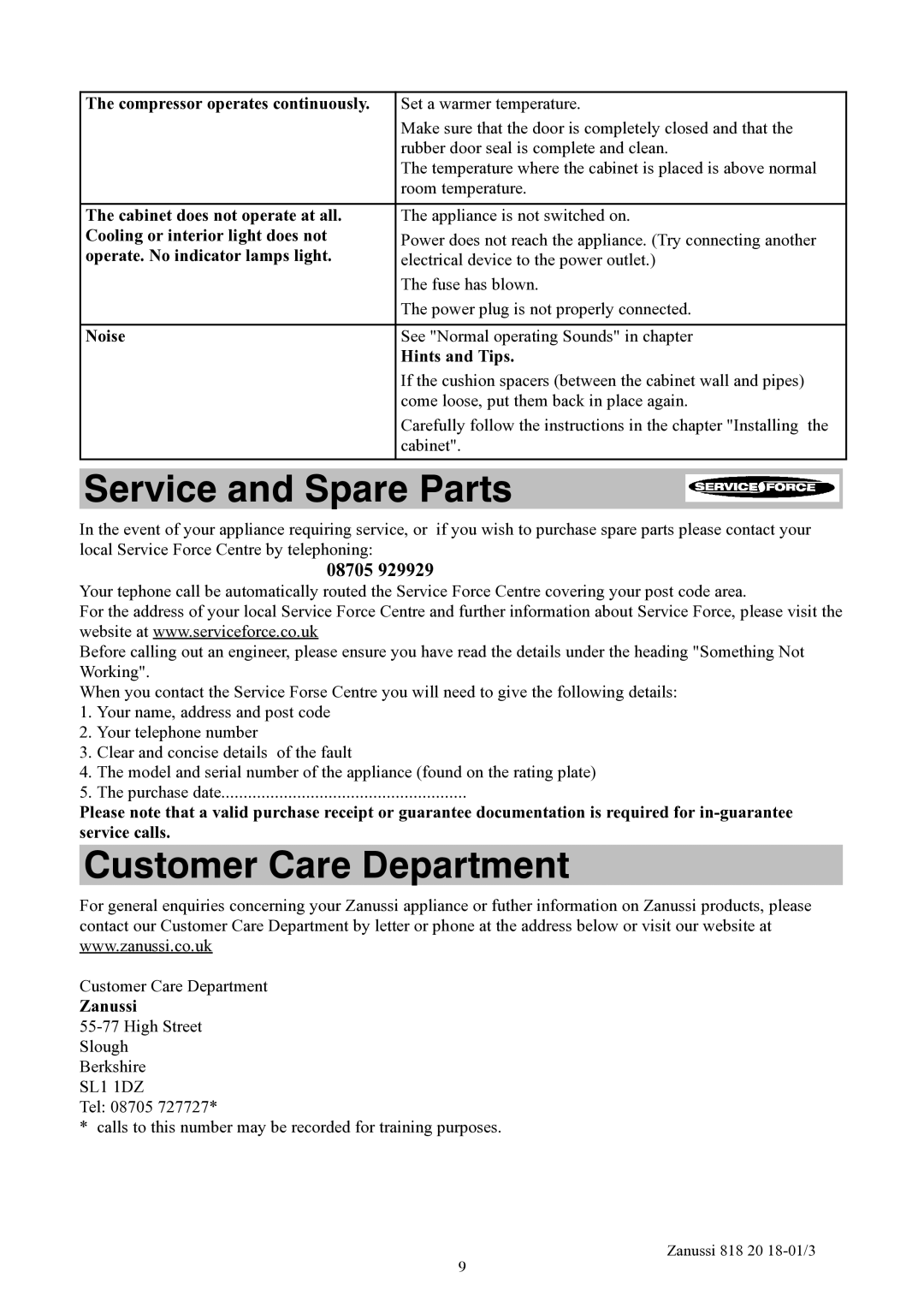 Zanussi ZL914W manual Service and Spare Parts, Customer Care Department 