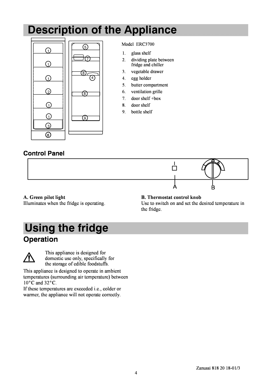 Zanussi ZL914W manual Description of the Appliance, Using the fridge, Operation, Control Panel, A. Green pilot light 