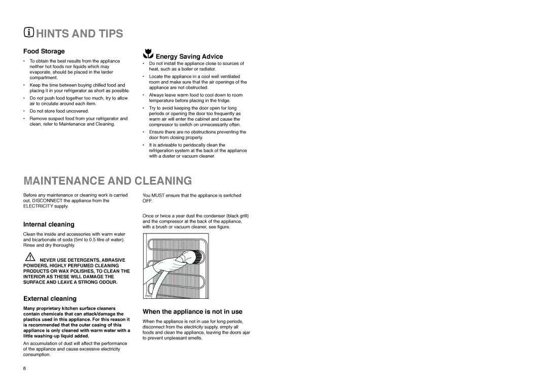 Zanussi ZLA 99 W manual Hints and Tips, Maintenance and Cleaning 