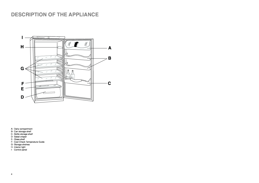 Zanussi ZLA 99 W manual Description Of The Appliance, I H G F E D, A B C 