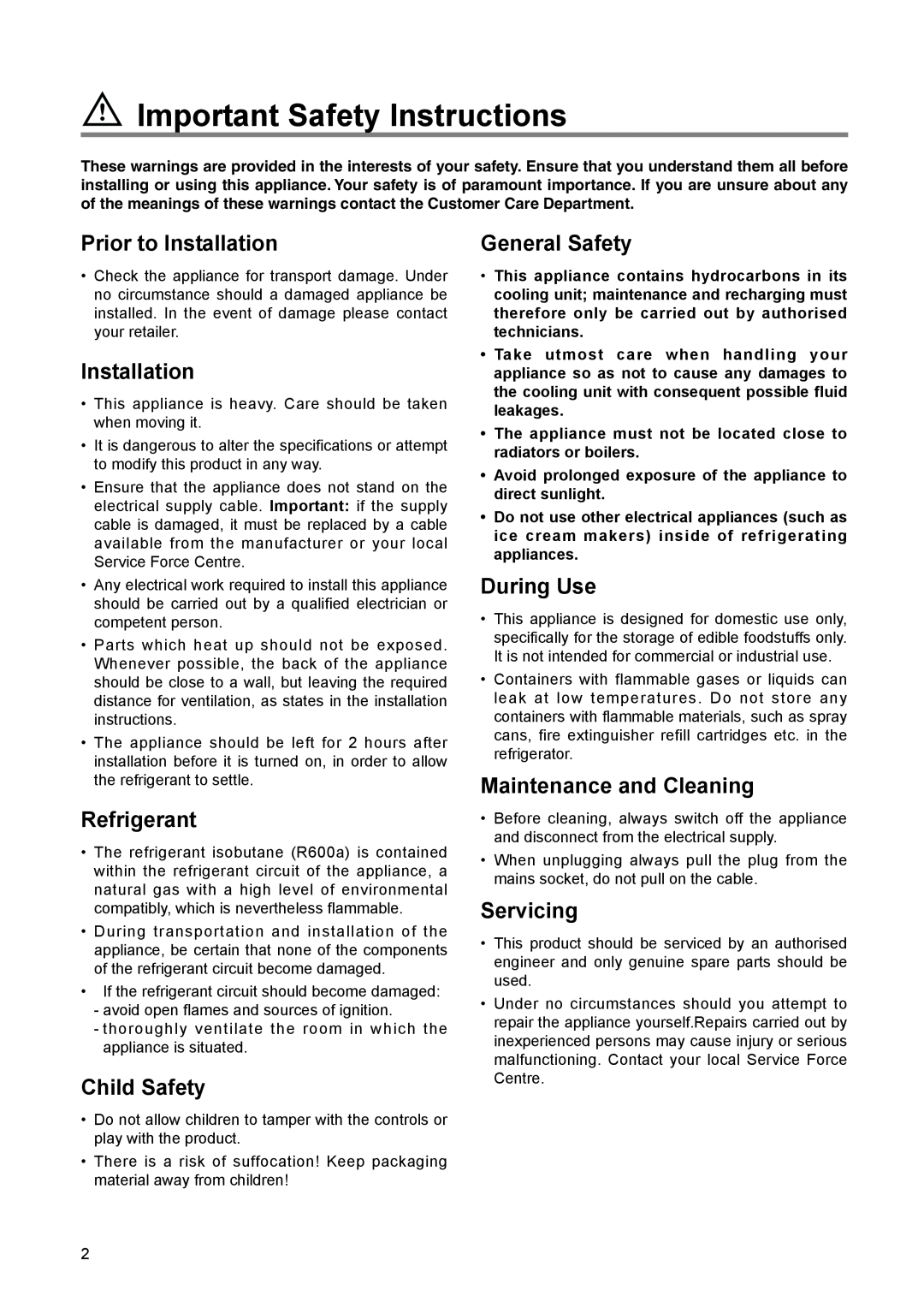 Zanussi ZLF 60 W manual Important Safety Instructions, Prior to Installation, Refrigerant, Child Safety, General Safety 