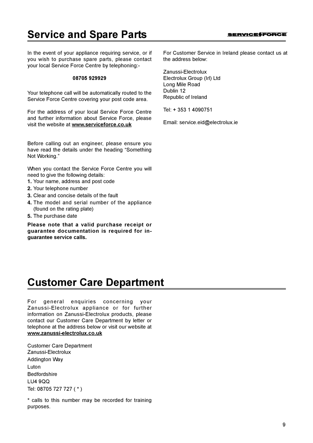 Zanussi ZLF 60 W manual Service and Spare Parts, Customer Care Department, 08705 