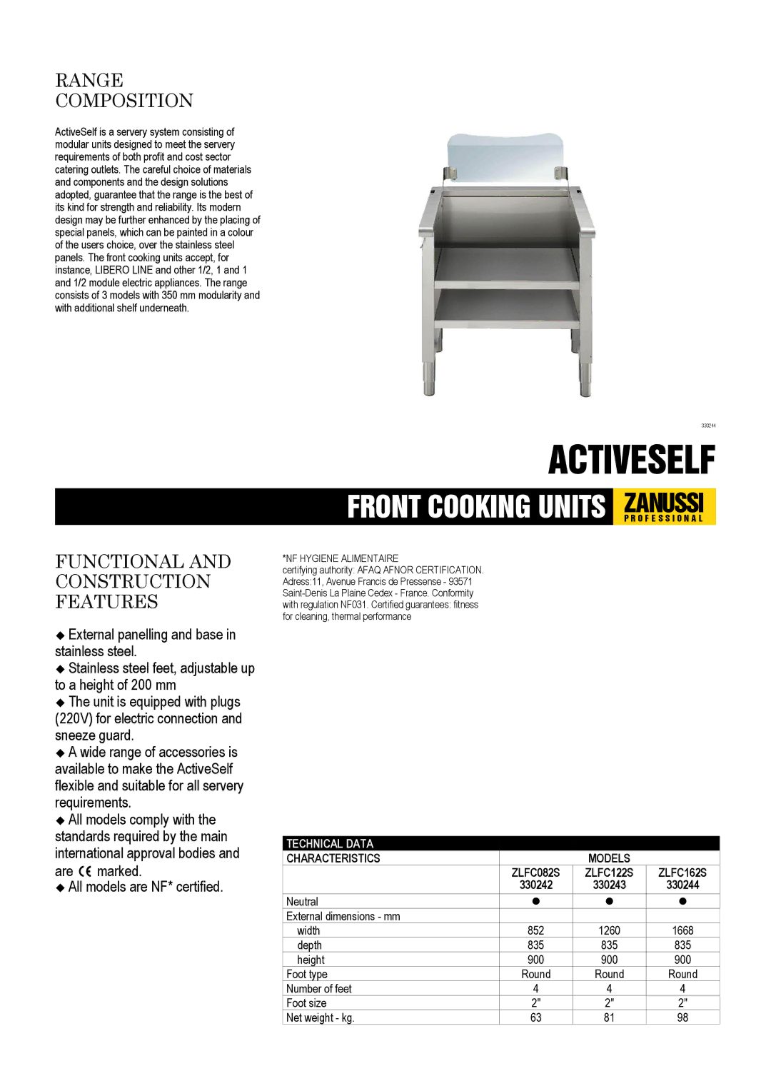 Zanussi ZLFC162S 330244, ZLFC122S 330243, ZLFC082S 330242 dimensions Activeself 