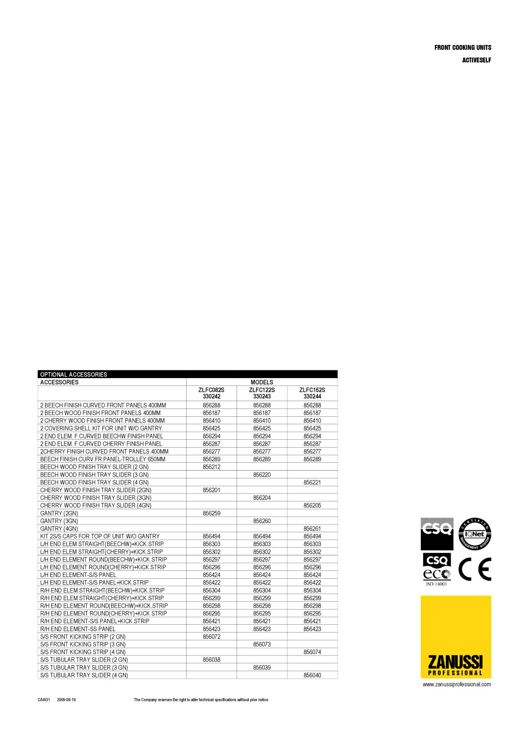 Zanussi ZLFC082S 330242, ZLFC122S 330243, ZLFC162S 330244 dimensions Optional Accessories 