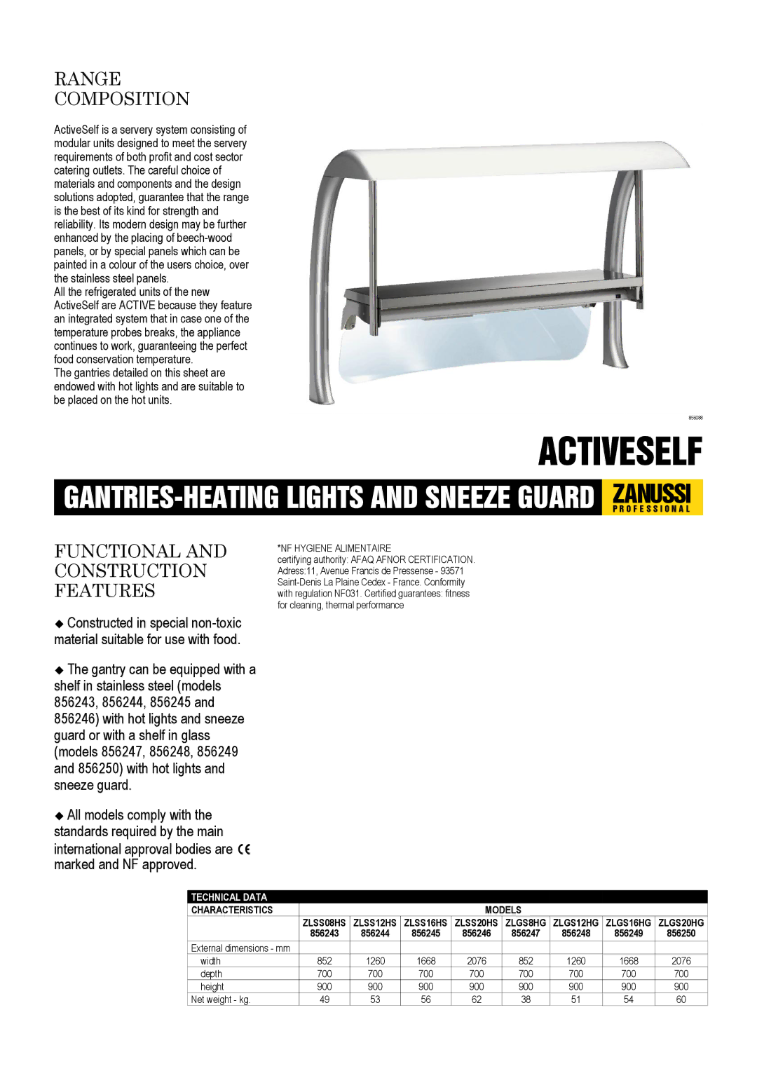 Zanussi ZLSS20HS 856246, ZLSS16HS 856245, ZLGS8HG 856247 dimensions Range Composition, Functional and Construction Features 