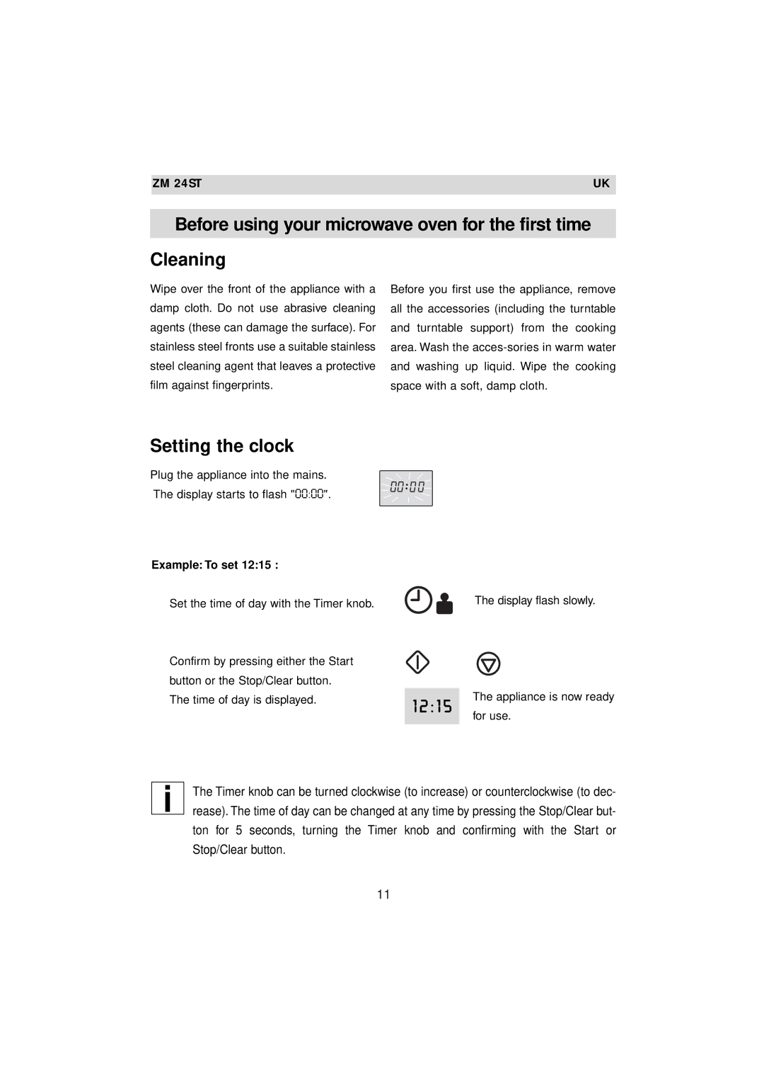 Zanussi ZM 24ST instruction manual Setting the clock, Example To set 