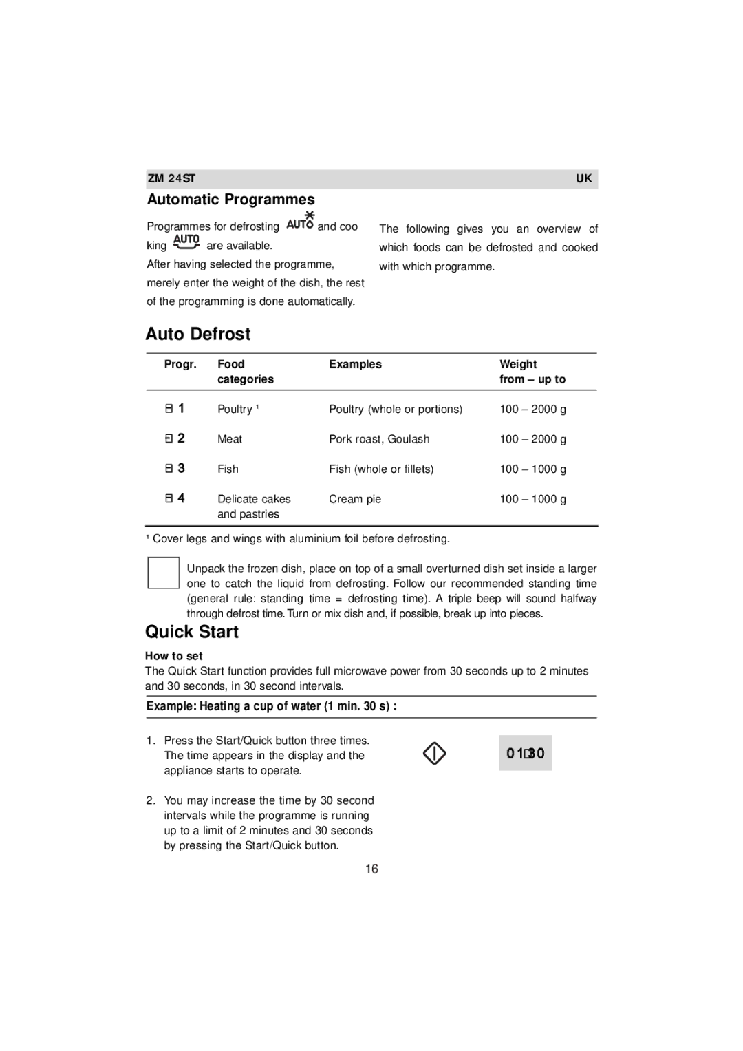 Zanussi ZM 24ST Auto Defrost, Quick Start, Automatic Programmes, Progr Food Examples Weight Categories From up to 