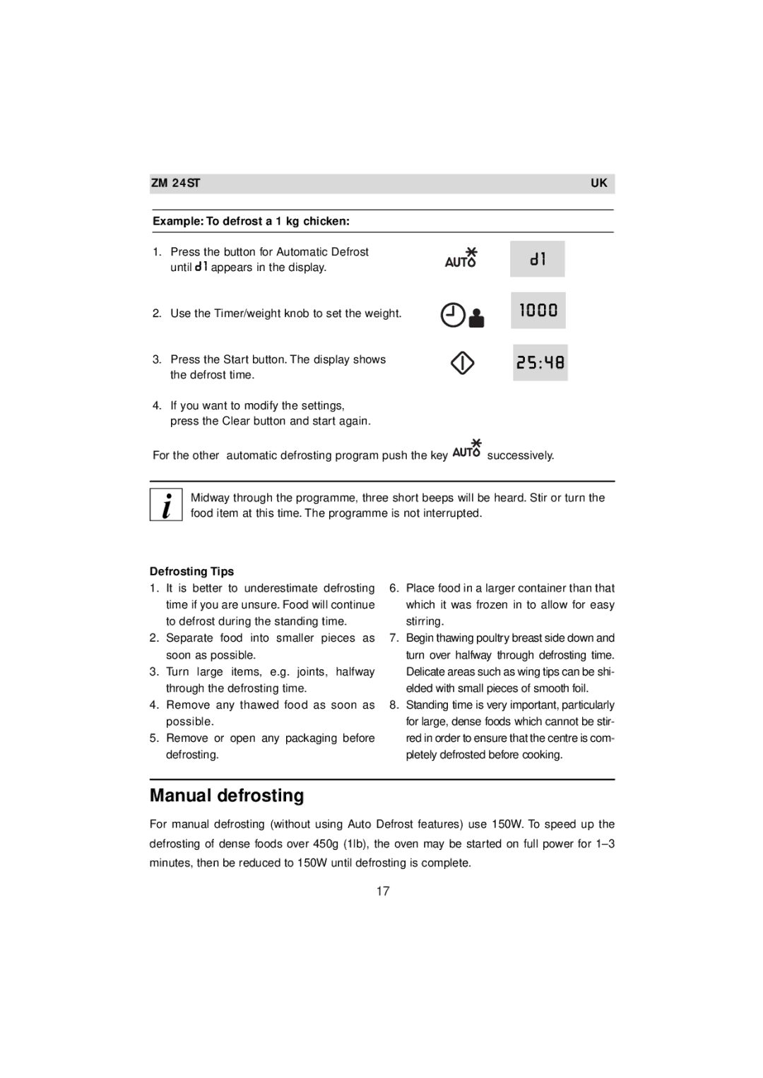 Zanussi ZM 24ST instruction manual Manual defrosting, Example To defrost a 1 kg chicken, Defrosting Tips 