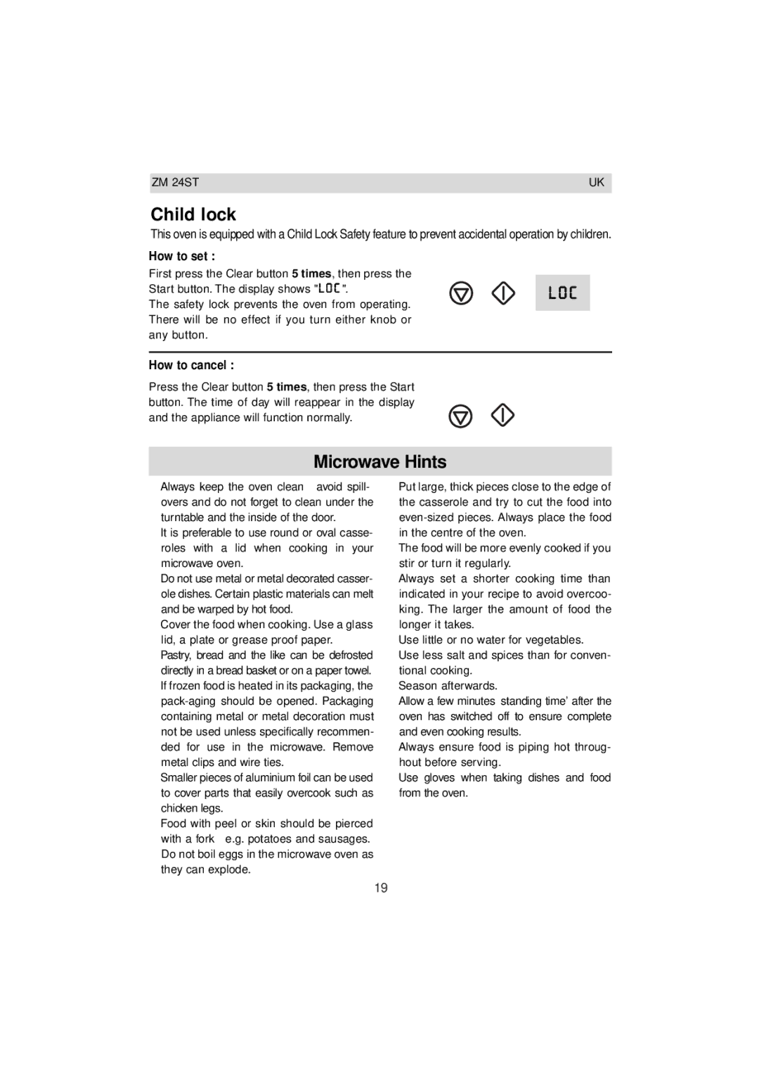 Zanussi ZM 24ST instruction manual Child lock, Microwave Hints 