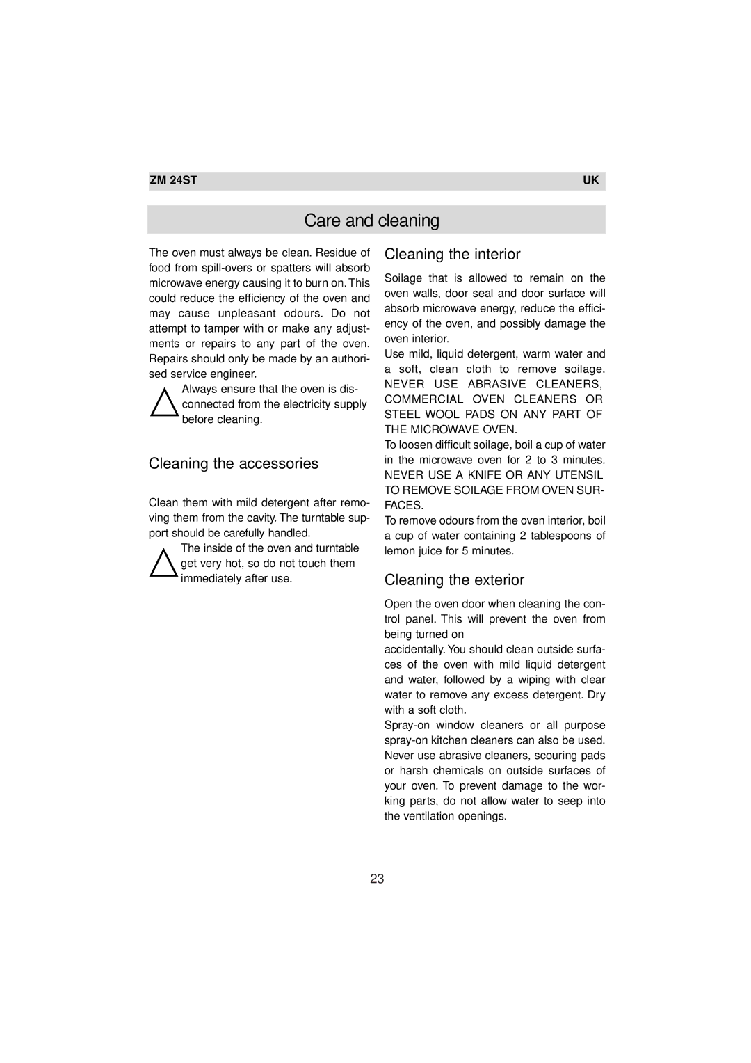Zanussi ZM 24ST Care and cleaning, Cleaning the accessories, Cleaning the interior, Cleaning the exterior 