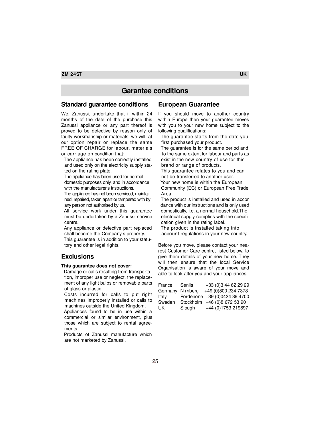 Zanussi ZM 24ST instruction manual Garantee conditions, Standard guarantee conditions, Exclusions, European Guarantee 