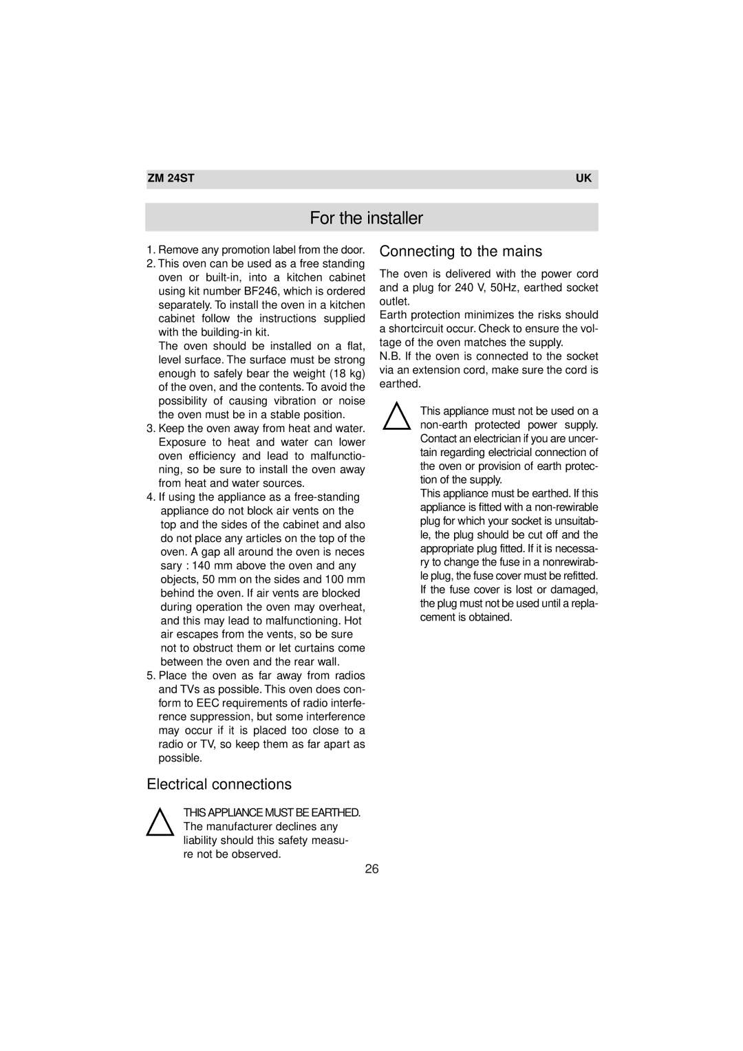 Zanussi ZM 24ST instruction manual For the installer, Connecting to the mains, Electrical connections 