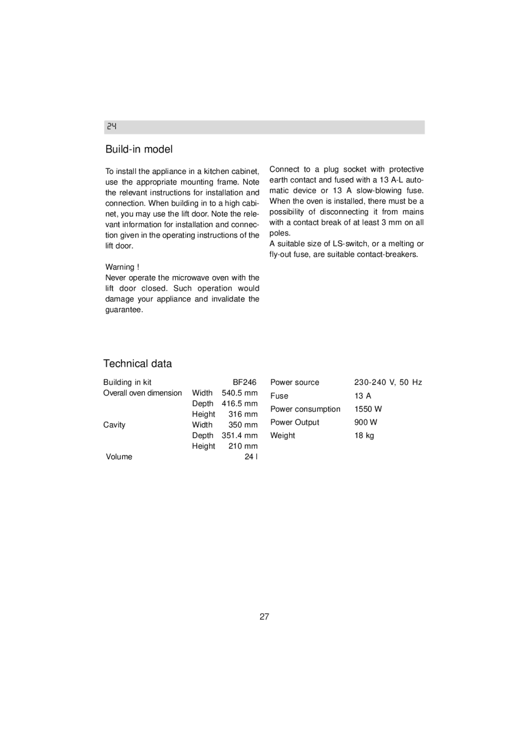 Zanussi ZM 24ST instruction manual Build-in model, Technical data 