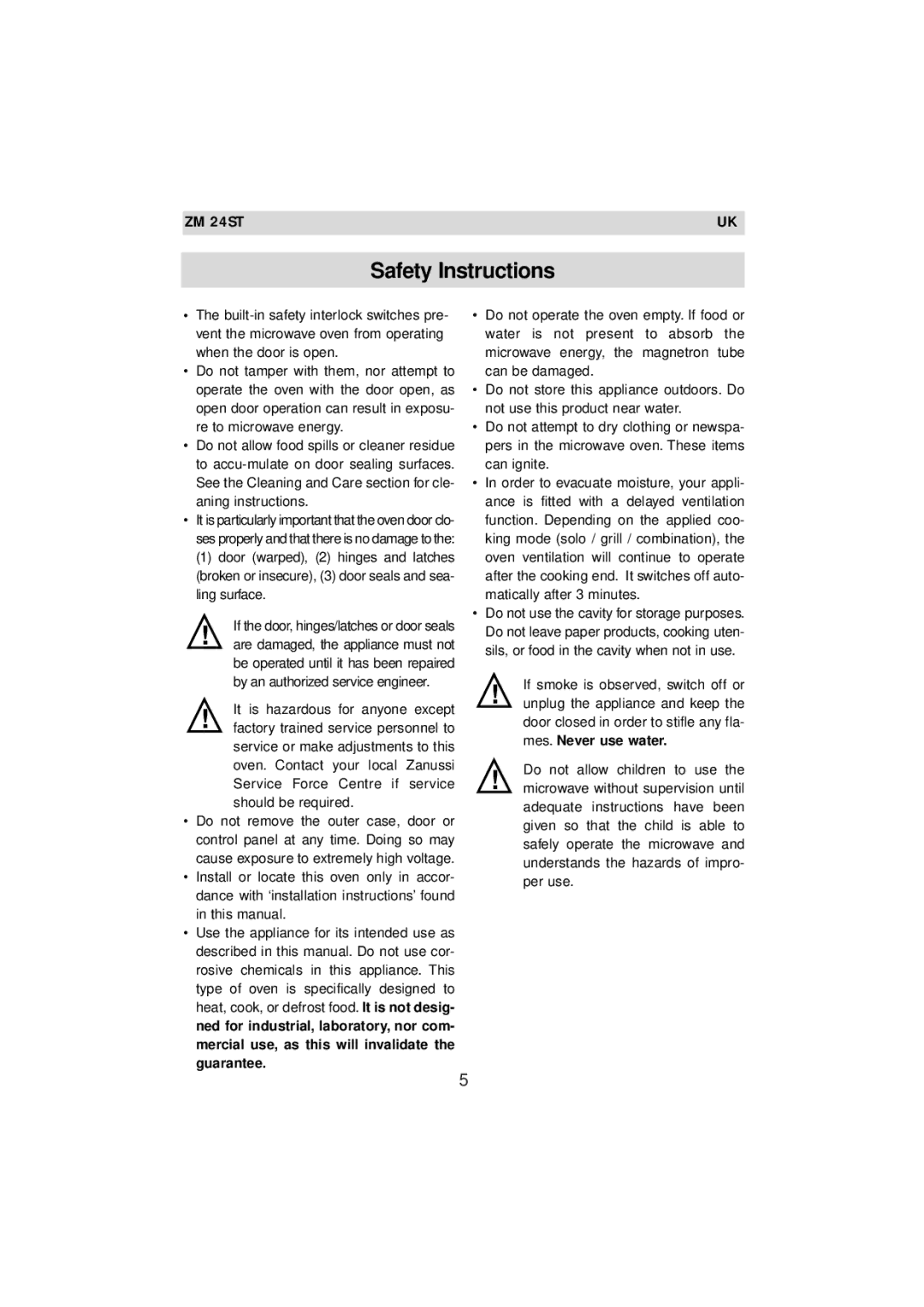 Zanussi ZM 24ST instruction manual Safety Instructions 