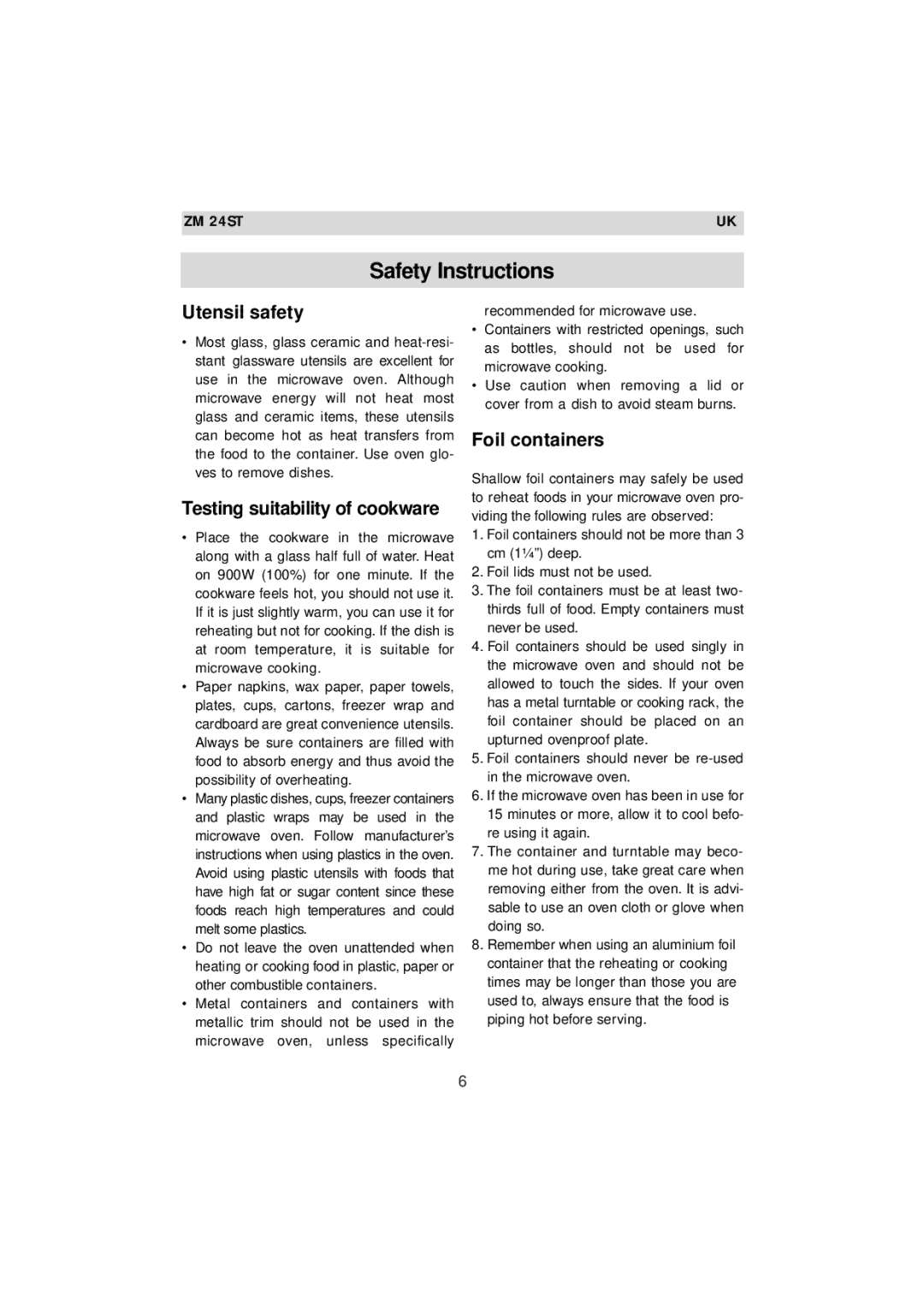 Zanussi ZM 24ST instruction manual Utensil safety, Testing suitability of cookware, Foil containers 