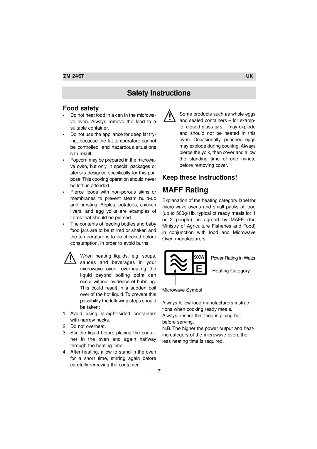 Zanussi ZM 24ST instruction manual Maff Rating, Food safety, Keep these instructions 