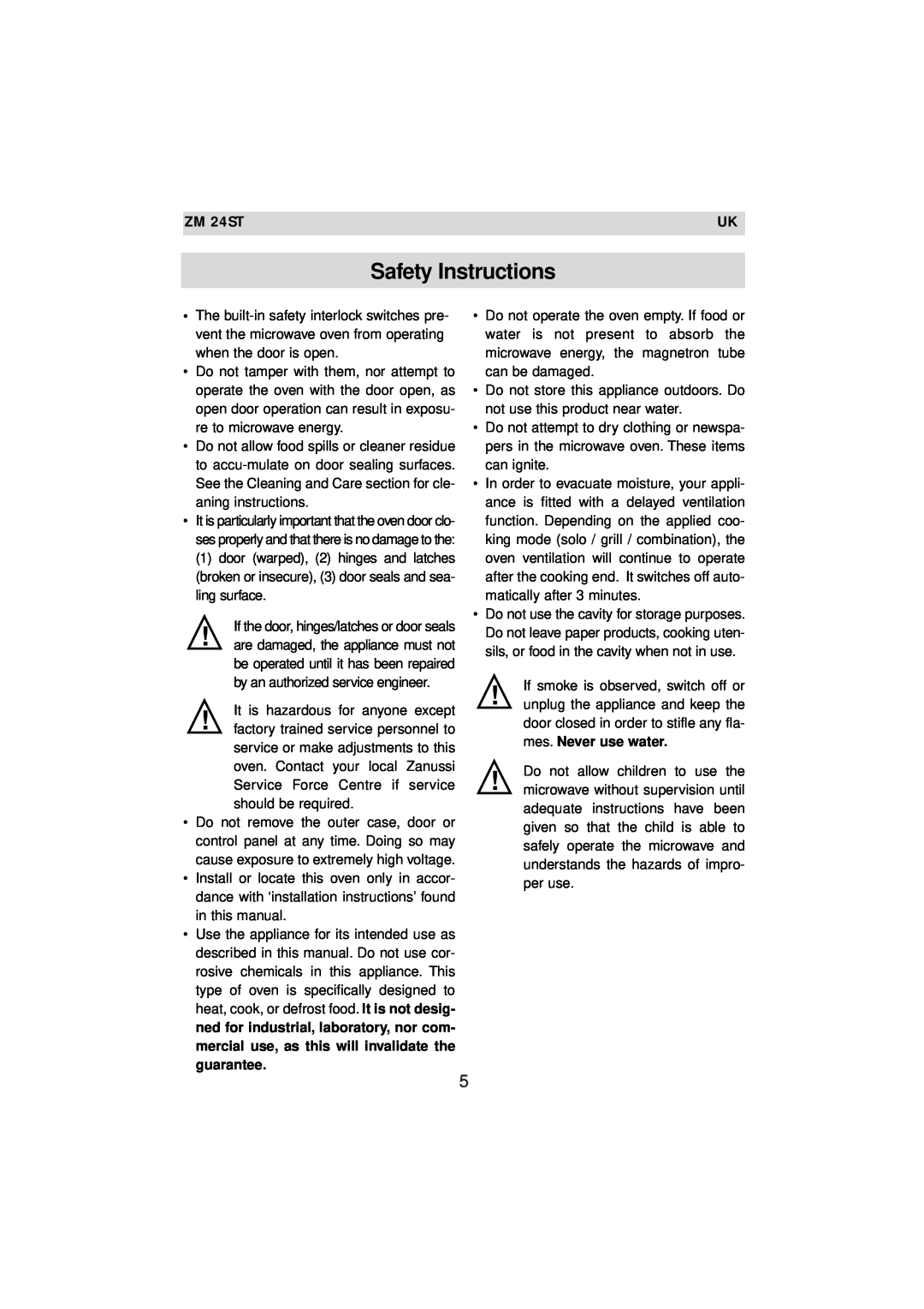 Zanussi ZM 24ST instruction manual Safety Instructions 