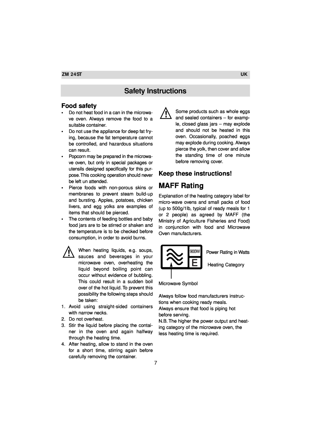 Zanussi ZM 24ST instruction manual MAFF Rating, Food safety, Keep these instructions, Safety Instructions 