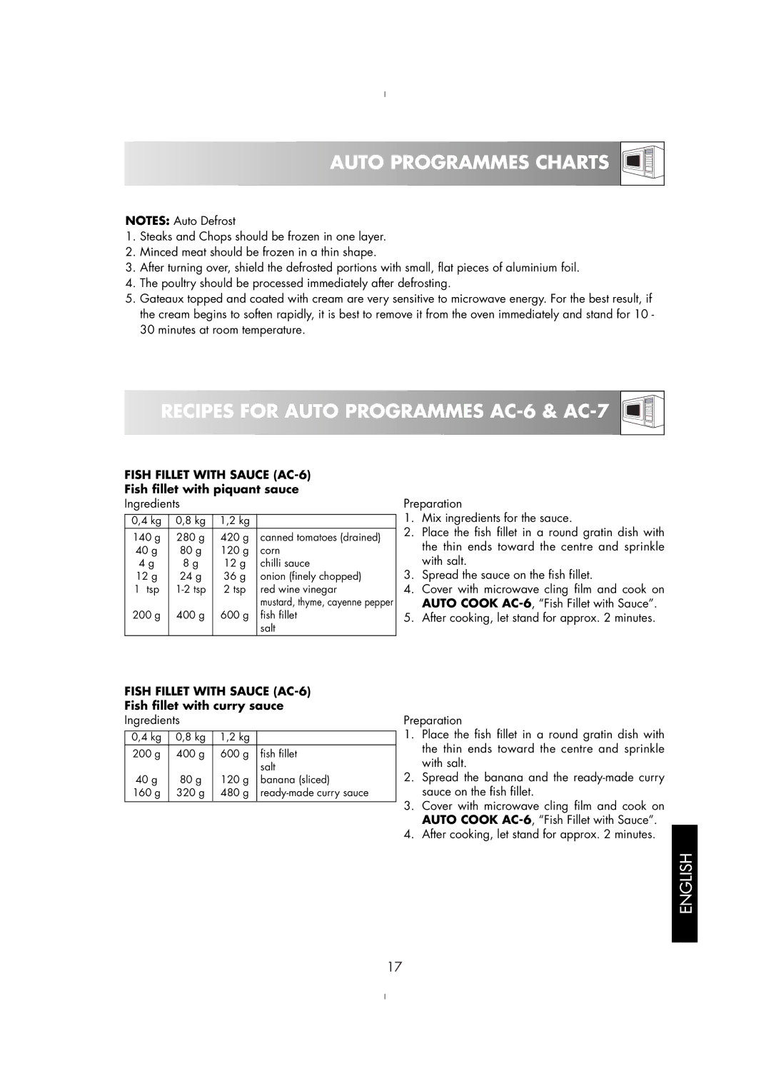 Zanussi ZM176ST, ZM175ST manual Fish Fillet with Sauce AC-6, Fish fillet with piquant sauce, Fish fillet with curry sauce 