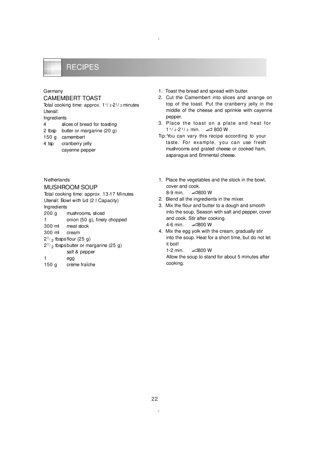 Zanussi ZM175ST, ZM176ST manual Camembert Toast, Mushroom Soup, 11/2-21/2min W, Min W 