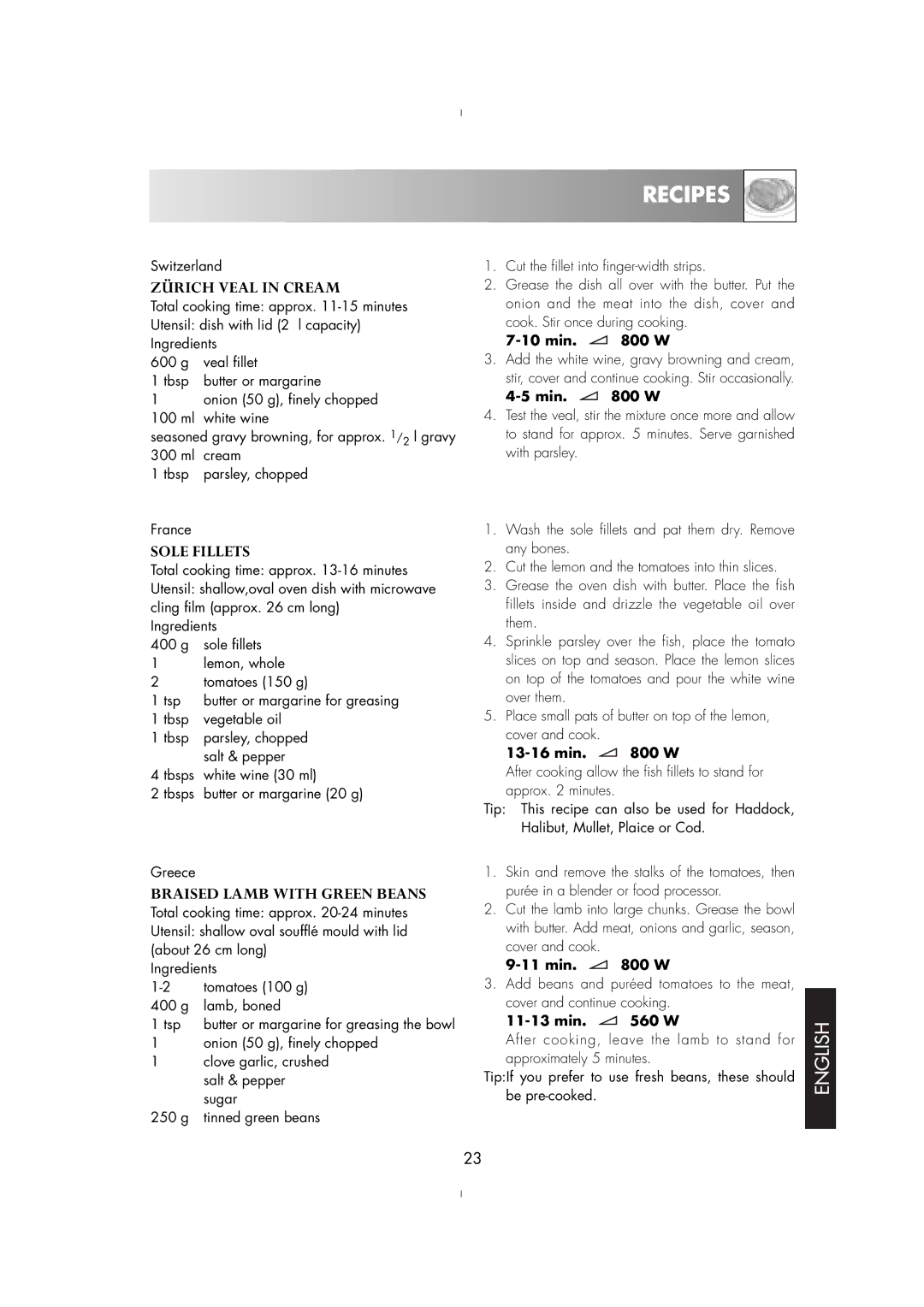 Zanussi ZM176ST, ZM175ST manual Zürich Veal in Cream, Sole Fillets, Braised Lamb with Green Beans 