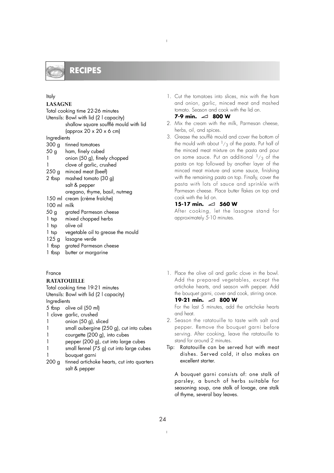 Zanussi ZM175ST, ZM176ST manual Lasagne, Ratatouille 