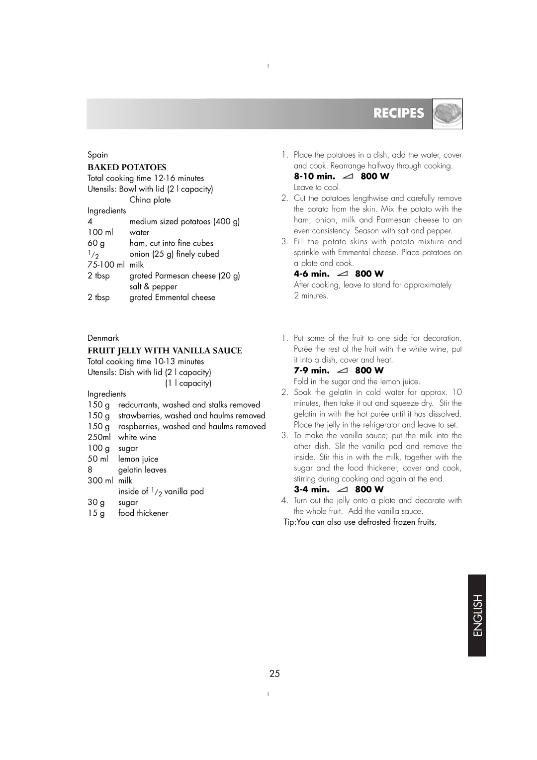 Zanussi ZM176ST, ZM175ST manual Baked Potatoes, Fruit Jelly with Vanilla Sauce, Min W Leave to cool 