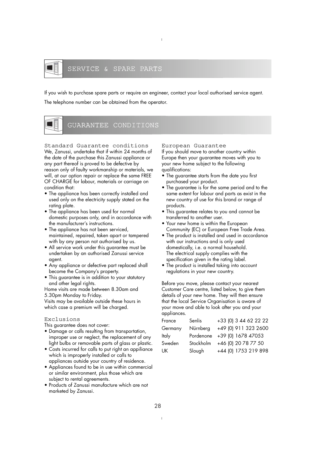 Zanussi ZM175ST, ZM176ST manual Guarantee Conditions, Service & Spare Parts 