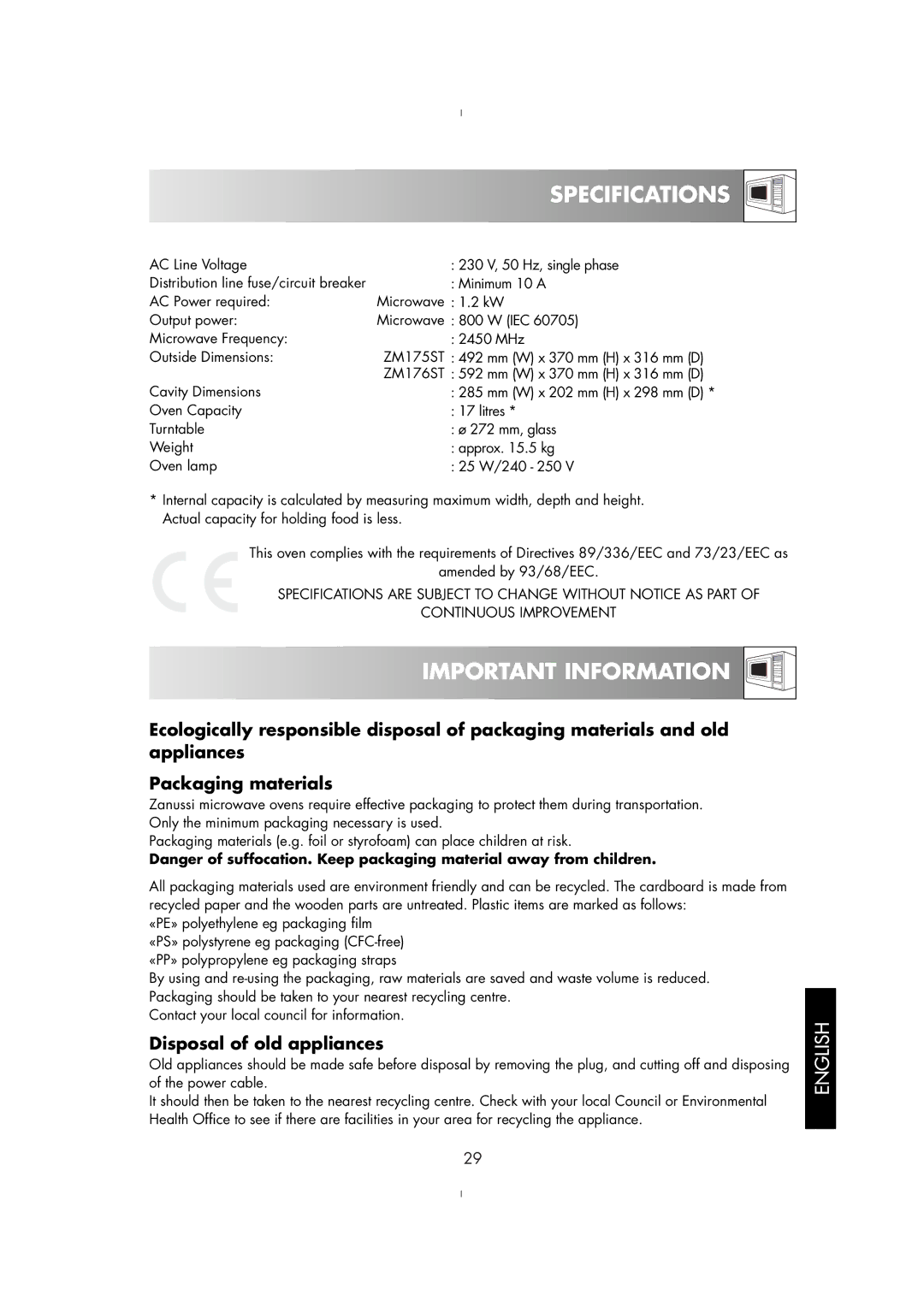 Zanussi ZM176ST, ZM175ST manual Specifications 