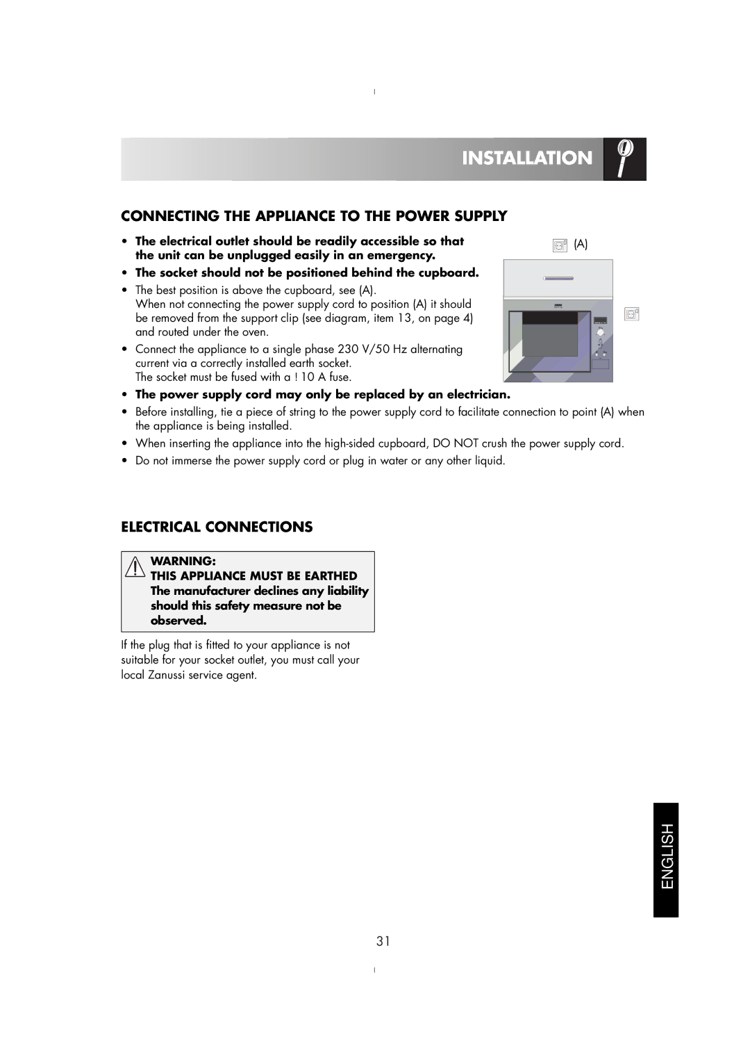 Zanussi ZM176ST Connecting the Appliance to the Power Supply, Power supply cord may only be replaced by an electrician 