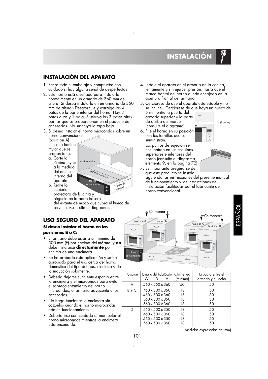 Zanussi ZM175ST, ZM176ST manual Instalación, Si desea instalar el horno en las posiciones B o C 