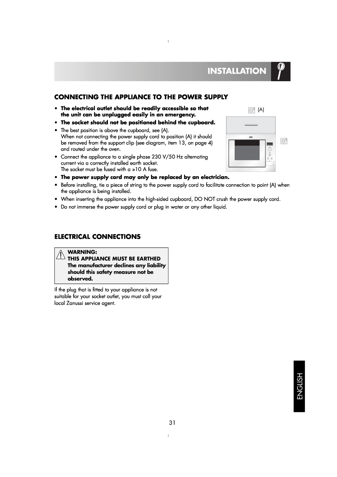 Zanussi ZM176ST, ZM175ST manual Connecting The Appliance To The Power Supply, Electrical Connections, Installation, English 