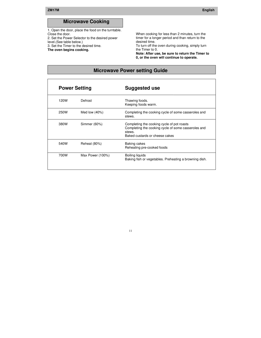 Zanussi ZM17M user manual Microwave Cooking, Microwave Power setting Guide Power Setting Suggested use, Oven begins cooking 